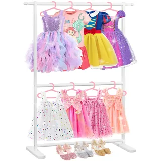 Relquorax Bambus Kinder Kleiderständer mit dualen Kleiderstange, Kinder Dress-up-Ständer, kleiner Garderobenständer, perfekt für Kostüme und Accessoires im Kinderzimmer (Weiß)