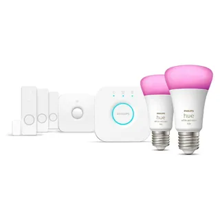 PHILIPS HUE Sicheres Basisset – 2x E27 9W 1100lm 2000–6500K RGB + Bridge + Bewegungsmelder + 3x Fenstersensor - Weiß