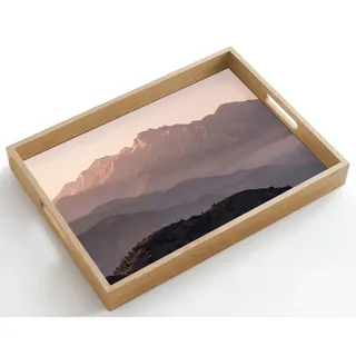 OnlyWow© Tablett Serviertablett rutschfest Griff Küchentablett | 50x35 cm - Rechteckig - Servierplatte Eiche Holztablett Henkel Hitzebeständig Panorama - Landschaft - Berge
