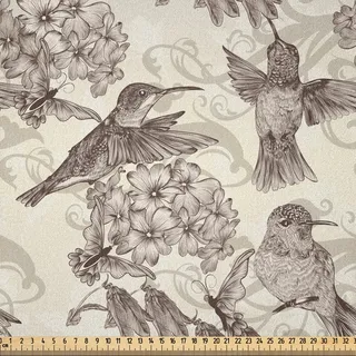 ABAKUHAUS Kolibri Microfaser Stoff als Meterware , Vögel und Blumen monochrome klassische Design Nostalgie verzieren festlich, 1 M (230 x 100 cm), Creme Beige Braun