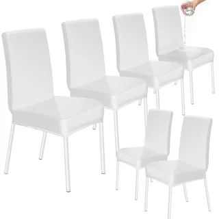 HOZKUY Kratzfeste Stuhlhussen 6er Set, Elastische Wasserfeste Stuhlbezüge Abnehmbar Waschbar, Universal Hussen Schutz für Hochlehner, Schwingstuhl, Küche, Restaurant, Bankett, Hochzeit, Hotel, Weiß