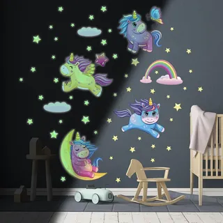 Ambiance Sticker Leuchtender Wandaufkleber für Decke, Kinder, fluoreszierend, Einhorn in den Sternen – H 145 x L 90 cm