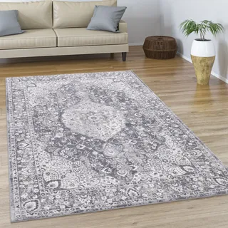 Teppich Wohnzimmer Kurzflor Vintage Abstrakt Orientalisch Modern Bordüre Grösse 80x150 cm - Grau