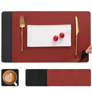 Myir JUN Tischsets Abwaschbar und Untersetzer, Platzset Leder Platzdeckchen Abwaschbar Doppelseitigen Tischsets Umkehrbares Tischset rutschfest Tischset Lederoptik (Rot Schwarz, Satz von 6)