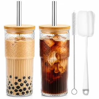 ALINK Trinkgläser mit Deckel und Strohhalm 2er Set, 600 ml Glas Becher mit Holzdeckel, Strukturglas mit Edelstahlstrohhalm, Wiederverwendbar für Eiskaffee, Bubble Tea, Saft & Smoothie