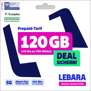 LEBARA Prepaid SIM-Karte mit Hello! 120 Prepaid Tarif ohne Vertrag | 120 GB Datenvolumen inkl. 5G | Allnet Flat | 500 Minuten ins Ausland