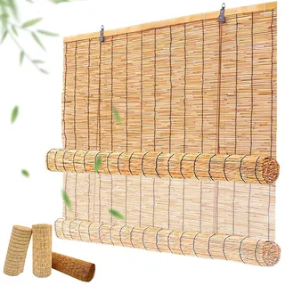 XIBANY Bambusrollo Wetterfest Aussen Natur Bambus Rollo Für Aussenbereich Balkon, Fenster Raffrollos 55 70 80 95 100 110 120 145 160 181cm Breite Sonnenschutz UV-Block Trennwand Sichtschutz Rollo