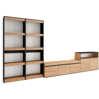 Skraut Home | Wohnwand Wohnzimmer | Wohnzimmermöbel, Möbelset | 370x186x35cm | Für TV-Geräte bis zu 65" | Wohnzimmer Möbel | Moderner Stil | Eiche Schwarz