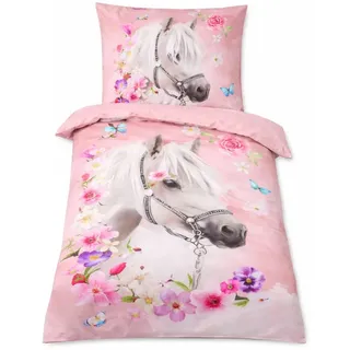 Soma Renforcé Bettwäsche-Set 2 teilig Bettbezug 2tlg 135x200cm 80x80 Pferde Bettwäsche rosa pink