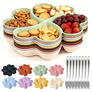 Gyism Snackteller mit Fächern 8 Stück Herzförmige Snackschalen mit 8 Edelstahl Fruchtgabel Wiederverwendbare Snackdose mit Fächern für Nüsse, Süßigkeiten, Obst, Snacks und Getrocknetes (Mehrfarbig)