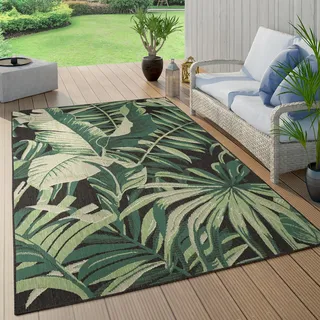 Outdoor Teppich Wetterfest Balkon Palmen Dschungel Florales Boho Muster Grün Grösse 200 cm Rund - Schwarz