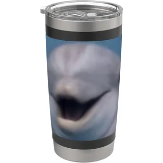 Lustiges süßes lächelndes Delfingesicht Meme verschwommenes Foto Doppelwandiger Edelstahl-Thermobecher
