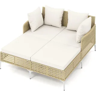 COSTWAY Gartenliege wetterfest für 2 Personen, Polyrattan Doppelliege mit Sitz- & Rückenkissen, Liegestuhl, Sonnenliege, Sonnenbett, Outdoor Liege - Braun, Beige