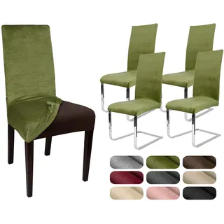 BEAUTEX Stuhlhussen Samt Stretch Stuhl & Schwingstuhl 4er Set Olivgrün LEA