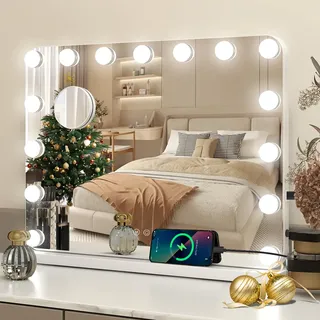 YU YUSING Hollywood Schminkspiegel mit Beleuchtung 58x45cm,15 Groß LED | Kosmetikspiegel Dimmbare 3 Lichtmodi, Touch Control, Tischspiegel Wandspiegel, Schlafzimmer Schminktisch, Abgerundeten Ecken