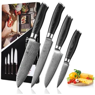 Wakoli Mikata 4er Damastmesser-Set mit Klingen von 8 cm bis 18 cm, Länge und Griffen aus Mircata