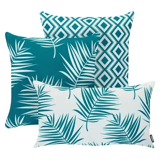 BELIANI Gartenkissen 3er Set Türkis Stoffbezug mit Füllung 45x45 cm u. 30x50 cm Palmenmuster Geometrisches Muster Mediterrane Boho Dekokissen Outdoor - Blau, Weiß