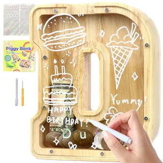 Lakpopya Spardose für Kinder Jungen Mädchen - Personalisiert Durchsichtig Mit Buchstabe Holz A-Z, Zielbereich, Aufkleber & Marker - Taufe Geschenk Dekoration (D)