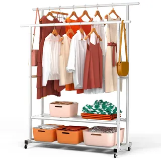 VOUNOT® Kleiderständer auf Rollen, Kleiderstange Doppelt, Garderobenständer Metall mit 2 Aufbewahrungsablagen, Stabil, Schwerlast, für Schlafzimmer Flur Ankleidezimmer, 120x40x146cm Weiß