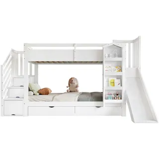 Beaok Etagenbett 90/200 cm in Weiß mit Rutsche und Treppenregal , Holz , Babymöbel & Kindermöbel, Kinderzimmer & Jugendzimmer, Stockbetten