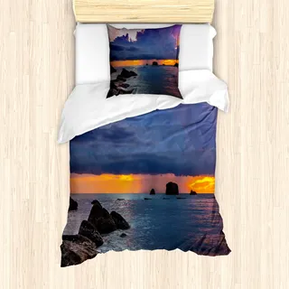 ABAKUHAUS Strand Bettbezug Set für Einzelbetten, Tropische Küste Sonnenuntergang, Milbensicher Allergiker geeignet mit Kissenbezug, Mehrfarbig