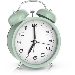 CSL - Wecker analog ohne Ticken mit Licht - LED Beleuchtung - rund - Retro Design - Glockenalarm - schwarz mit weißer Tafel – lauter Klingelton für Tiefschläfer – einfache Bedienung