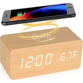 Hölzerne digitale Wecker Wireless Ladestation, 5 W schnelles Ladegerät iPhone/Samsung Galaxy, ohne zu ticken, Schlafzimmer, Zuhause, Büro - Braun