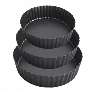 MGE - Set 3 Extra Hohe Quicheform - Tarteform mit Hebeboden aus Karbonstahl - Backform Rund - Tarteform - Quiche Formen mit Hebeboden Antihaftbeschichtung - Kuchenform - 20, 24 und 28 cm
