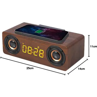 APM Bluetooth-Lautsprecher, Wecker aus Holz, mit FM-Radio, kabelloses Laden für Induktion für Smartphone, USB-Ladeanschluss, Helligkeit verstellbar, Digitalwecker, LED-Anzeige, 425024