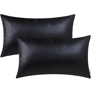 BRAWARM 2 Stück Schwarze Leder-Kissenbezüge 30,5 x 50,8 cm, schwarzes Kunstleder, dekorative Kissenbezüge für Wohnzimmer, Heimdekoration, Garten, Couch, Bett, Sofa