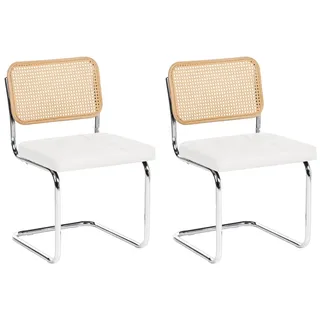 BELIANI Esszimmerstühle 2er Set Weiß Kunstleder Gepolstert mit Wiener Geflecht Rückenlehne Freischwinger Metallgestell Vintage Retro Stil - Weiß, Silber, Braun