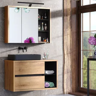 Waschtisch Set in Shetland Eiche Nb. mit anthrazit DANZIG-56 inkl. Keramik Aufsatzbecken schwarz matt, LED Aufbauleuchte, B/H/T: ca. 100/200/46 cm - Schwarz