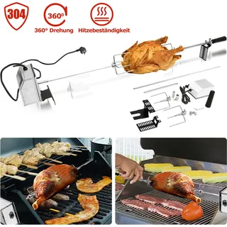 TolleTour Edelstahl Grillspieß Set 107cm Universal passend Gasgrill mit 2X Fleischnadeln BBQ Fleischklammer, Griffstück und Motor Elektrischer Drehspieß 220V - 240V Silber - Silber