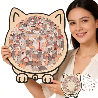 Nymora Holz Puzzle: 135-teiliges Morandi-farbiges Katzen-Puzzle mit Rahmen, einzigartiges Katzen-Form Puzzle Geschenk für Puzzle-Fans, Home Decoration (Braun A)