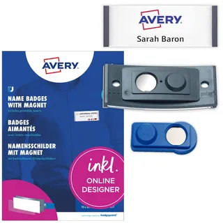 Avery Zweckform Namensschilder 20 Stück (70x30mm, 20 Schilder mit Magnet, verdrehsicher, mit blanko Einsteckschildern zum Bedrucken, magnetische Namensschilder für Kleidung) anthrazit