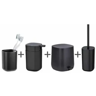 Bad-Accessoire Set Mod. Davos 4-teilig Seifenspender 350 ml Zahnputzbecher WC-Garnitur 5 L Kosmetikeimer Kunststoff PP BPA-frei Schwarz matt