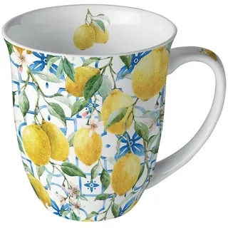 Tasse 10cm Porzellan mit Zitronen Motiv - 0,4L Keramiktasse Porzellangeschirr - Kaffeetasse Teetasse Kakaotasse - Sommergeschirr Tassen & Becher - Porzellantasse mediterran Gelb Weiß