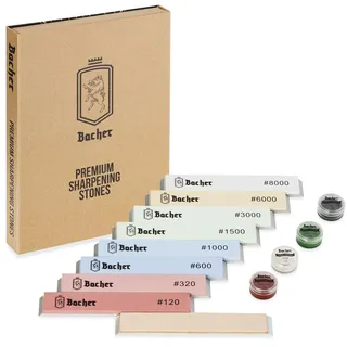 BACHER Schleifstein Set 8 Wetzstein mit Körnung #120 - #8000 und Abziehleder für Küche Messerschärfsystem, Messerschärfer Profi mit festem Winkel von Apex Edge, Ruixin und KKmoon