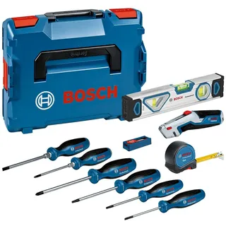 Bosch Professional Handwerkzeug-Set, 13-teilig (inkl. 6x Schraubendreher, 1x Maßband 5 m, 1x Wasserwaage 25 cm, 1x Messer, 10x Ersatzklinge, 2x Einlage, L-BOXX)