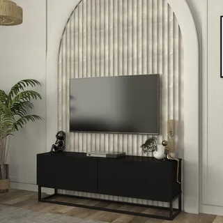 TV-Lowboard 'Nolven' mit 2 Klapptüren langes Gestell 135 x 32 x 47 cm Schwarz - Schwarz