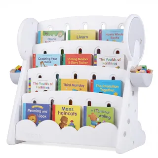 FANTASK 4-stufiges Kinderregal 2in1, Bücherregal mit 2 Aufbewahrungsboxen & umkehrbarem Regalboden, Wandelbares Spielzeugregal im Montessori-Stil für Kinderzimmer & Spielzimmer