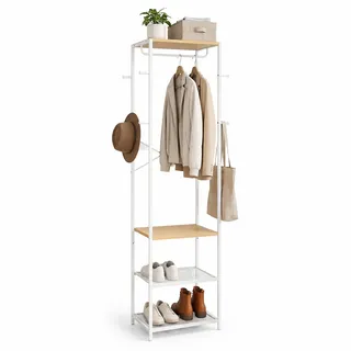 Relaxdays Garderobenständer, 4 Ablagen & 8 Haken, Natur-weiß | HBT: 181x40x28 cm, Jackenständer mit Stange, Flur, Metall