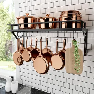 KES Küchenutensilienhalter Pfannenhalter Küchenregal Küche mit 12 Haken Hängeregal Gewürz Pfanne Regal Wandregal Küchenleiste 75CM Wandmontage Matt Schwarz, KUR215S75A-BK