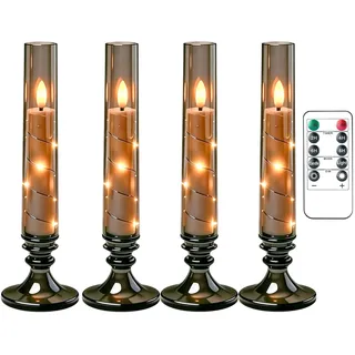 4 Stück Schwarze Flammenlose Stabkerzen, 26cm LED Flackernde Kerzen mit Fernbedienung und Timer, Batteriebetrieben mit Lichterkette&Sockel, Dekoratives Stimmungslicht für Festivals Bankette Hochzeiten
