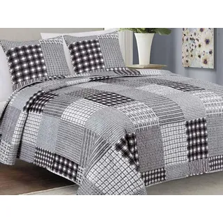 Tagesdecke Zweiseitige Bettüberwurf Allzweckdecke Steppdecke TAVIRA Sofa Bett Decken XXL Grau Schwarz (3 TLG Set) 220x240cm + 2 Kissenbezüge 40x40 cm - Schwarz, Hellgrau