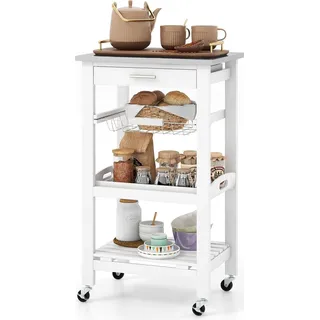 KOMFOTTEU Servierwagen mit Edelstahl Arbeitsplatte, Küchenwagen Klein, Rollwagen mit Schublade & Ablagen, Küchenregal Küchentrolley für Küche Esszimmer, 47x39x85cm Weiß - Weiß