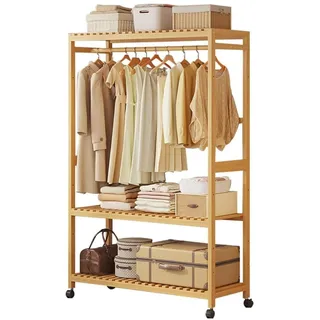 Romyqpipy Offener KleiderstäNder aus Bambus, Freistehender GarderobenstäNder mit 2-Stufiger Storage Shelf, für MäNtel, RöCke, Freistehender KleiderbüGel für Schlafzimmer, Flur, Eingangsbereich