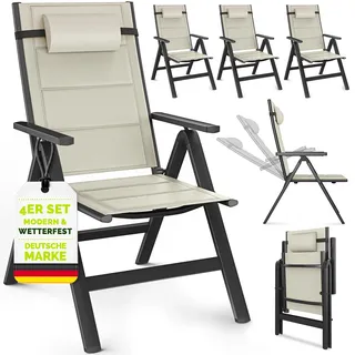 tillvex Gartenstuhl mit Polster Premium 4 Stück Beige klappbar aus Aluminium | Hochlehner mit Armlehnen | Klappstuhl verstellbar | Klappsessel Balkon Garten Terrasse