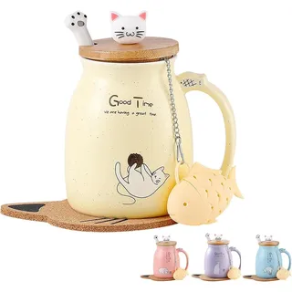 Katzen-Tasse Keramik Kaffeetasse mit Deckel und Löffel 380ML Gelb