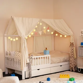 HOME DELUXE - Kinderbett Deko Set VELINDO - Farbe: Creme, inkl. Wimpelkette, Vorhang und LED Lichterkette I Kinderbett Deko, Kinderzimmer Dekoration - Beige